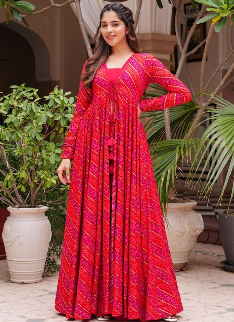 Cherry Pink Faux Georgette Digital Print 3 Piece Koti Style Indo Western Suit