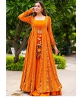 Bright Orange Faux Georgette Digital Print 3 Piece Koti Style Indo Western Suit