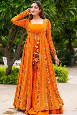 Bright Orange Faux Georgette Digital Print 3 Piece Koti Style Indo Western Suit