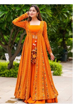 Bright Orange Faux Georgette Digital Print 3 Piece Koti Style Indo Western Suit