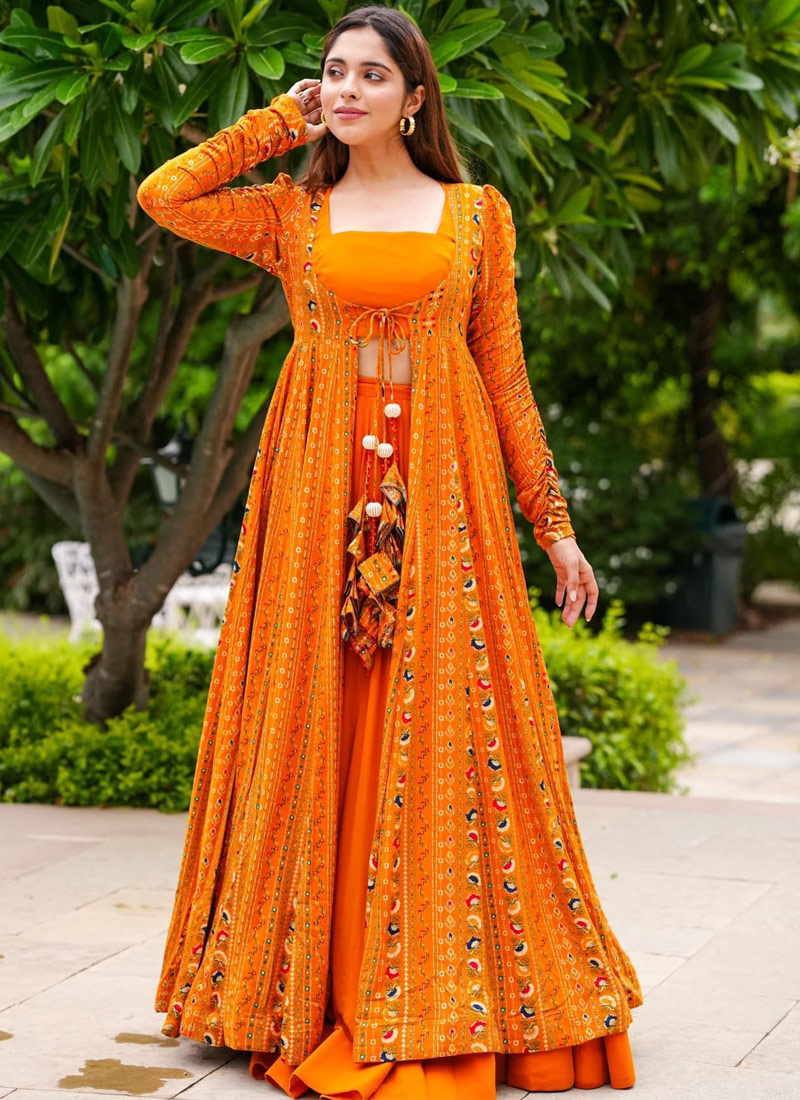 Bright Orange Faux Georgette Digital Print 3 Piece Koti Style Indo Western Suit