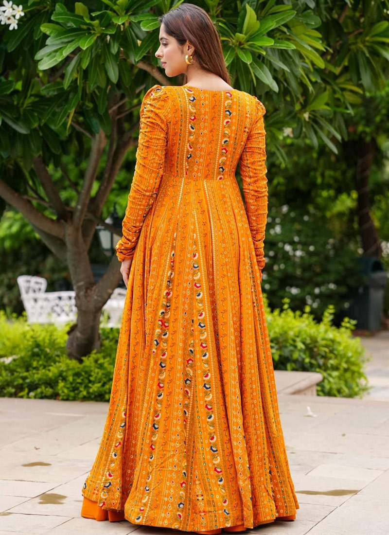 Bright Orange Faux Georgette Digital Print 3 Piece Koti Style Indo Western Suit