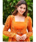 Bright Orange Faux Georgette Digital Print 3 Piece Koti Style Indo Western Suit