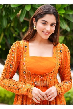 Bright Orange Faux Georgette Digital Print 3 Piece Koti Style Indo Western Suit