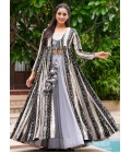 Light Grey Faux Georgette Digital Print 3 Piece Koti Style Indo Western Suit