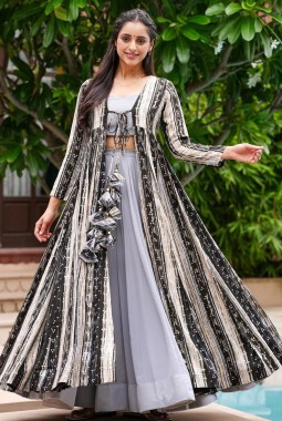 Light Grey Faux Georgette Digital Print 3 Piece Koti Style Indo Western Suit