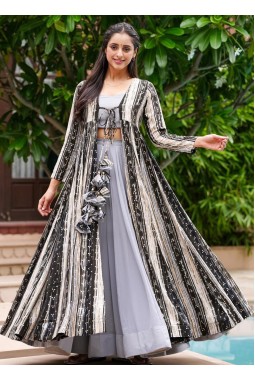 Light Grey Faux Georgette Digital Print 3 Piece Koti Style Indo Western Suit