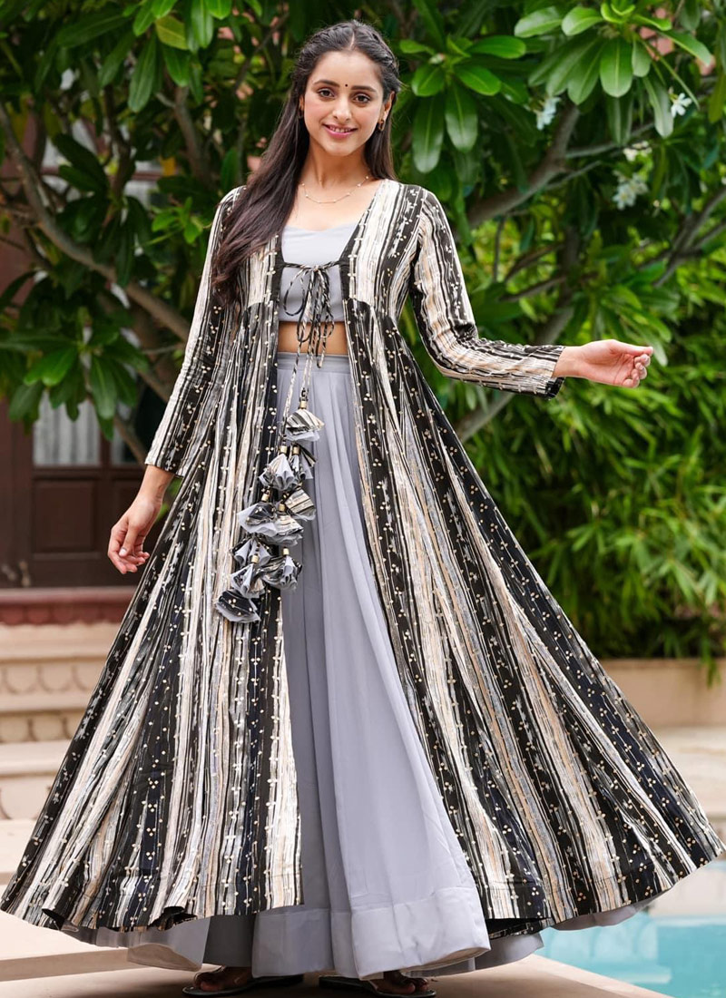 Light Grey Faux Georgette Digital Print 3 Piece Koti Style Indo Western Suit