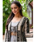 Light Grey Faux Georgette Digital Print 3 Piece Koti Style Indo Western Suit