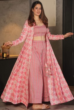 Barbie Pink Heavy Rayon Digital Print 3 Piece Koti Style Indo Western Suit