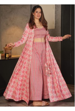 Barbie Pink Heavy Rayon Digital Print 3 Piece Koti Style Indo Western Suit