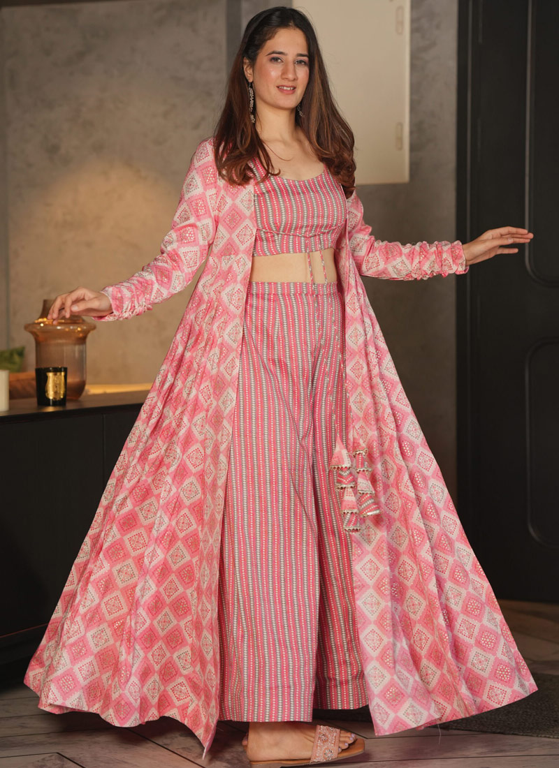 Barbie Pink Heavy Rayon Digital Print 3 Piece Koti Style Indo Western Suit