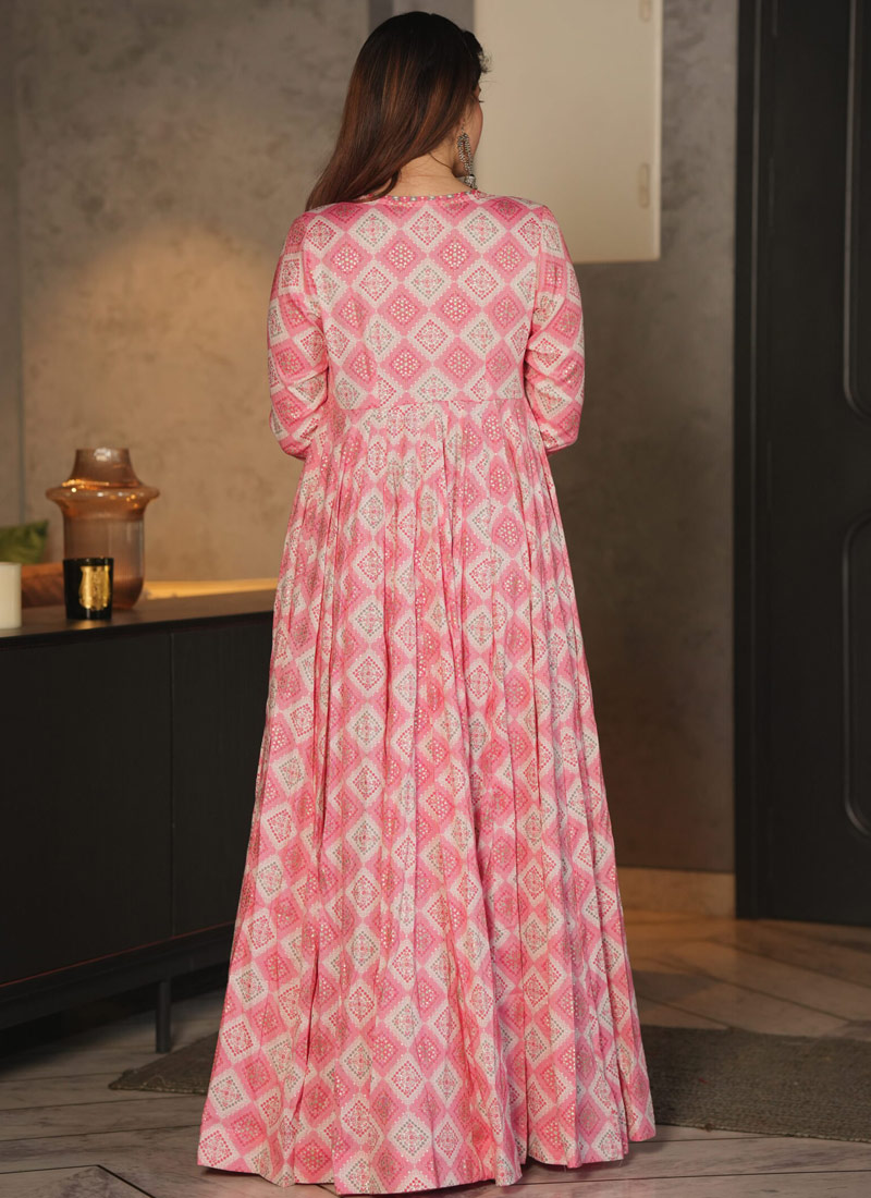 Barbie Pink Heavy Rayon Digital Print 3 Piece Koti Style Indo Western Suit