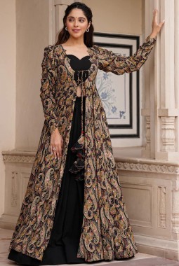 Black Faux Georgette Digital Print 3 piece Koti Style Indo Western Suit