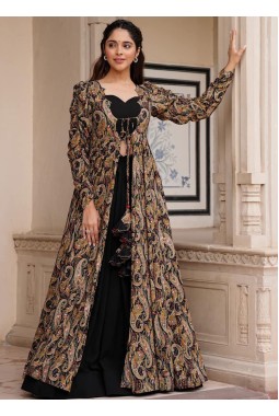 Black Faux Georgette Digital Print 3 piece Koti Style Indo Western Suit