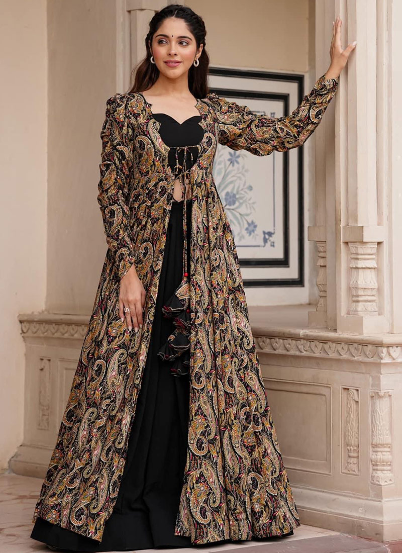 Black Faux Georgette Digital Print 3 piece Koti Style Indo Western Suit