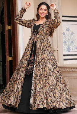 Black Faux Georgette Digital Print 3 piece Koti Style Indo Western Suit