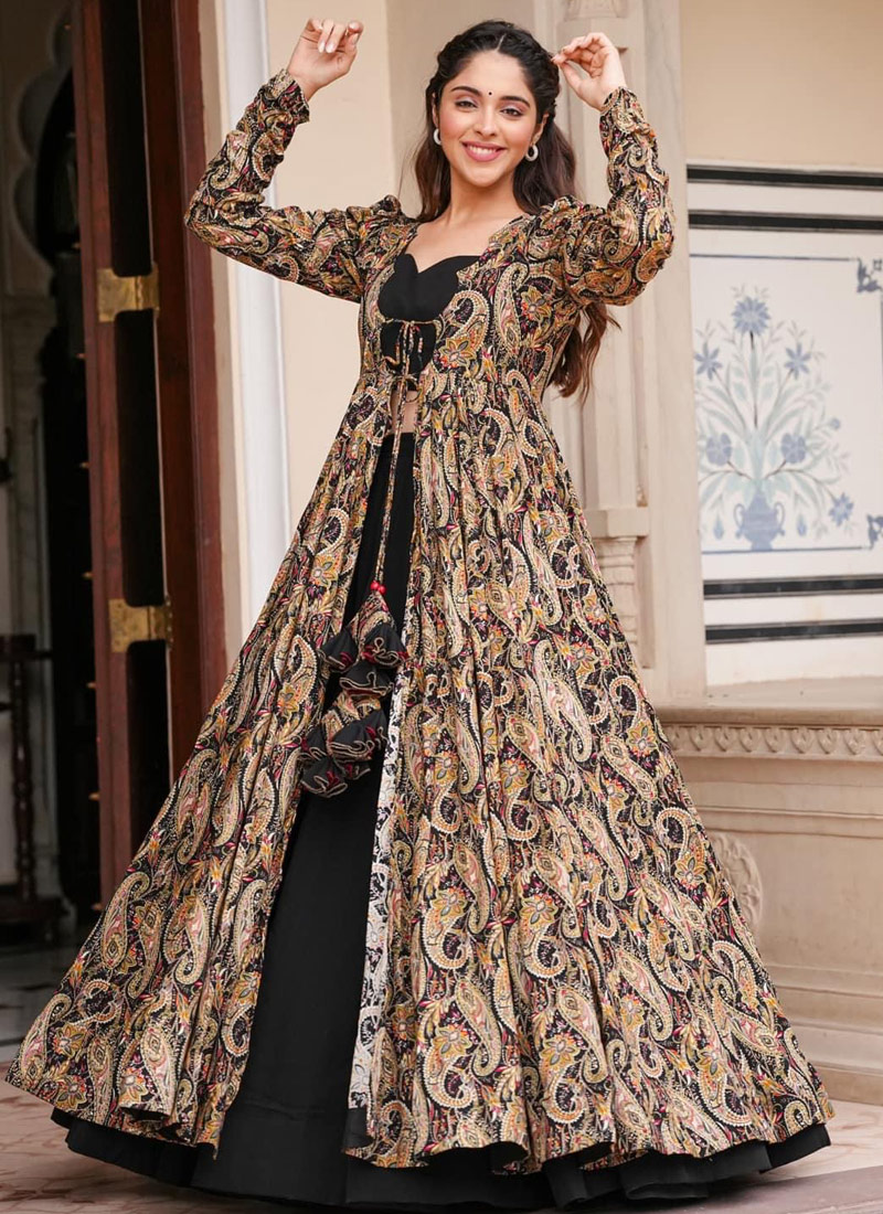 Black Faux Georgette Digital Print 3 piece Koti Style Indo Western Suit