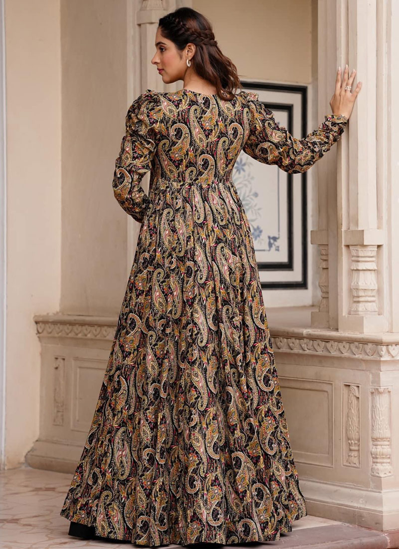 Black Faux Georgette Digital Print 3 piece Koti Style Indo Western Suit