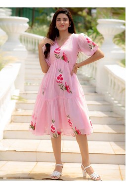 Pink Kota Checks Digital Print Western Wear Dress