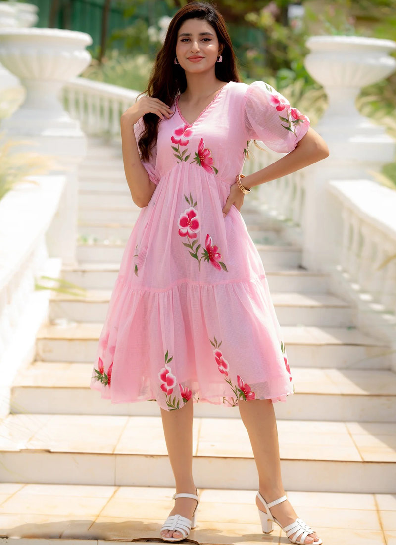 Pink Kota Checks Digital Print Western Wear Dress