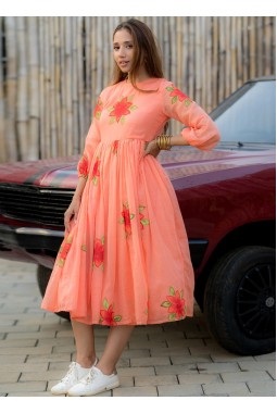 Peach Kota Checks Digital Print Western Wear Dress