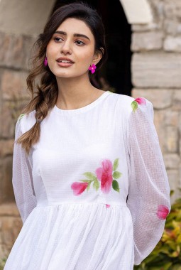 White Kota Checks Digital Print Western Wear Dress