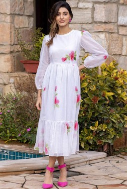 White Kota Checks Digital Print Western Wear Dress