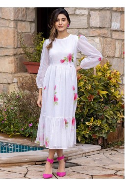 White Kota Checks Digital Print Western Wear Dress