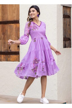 Purple Kota Checks Digital Print Western Wear Dress
