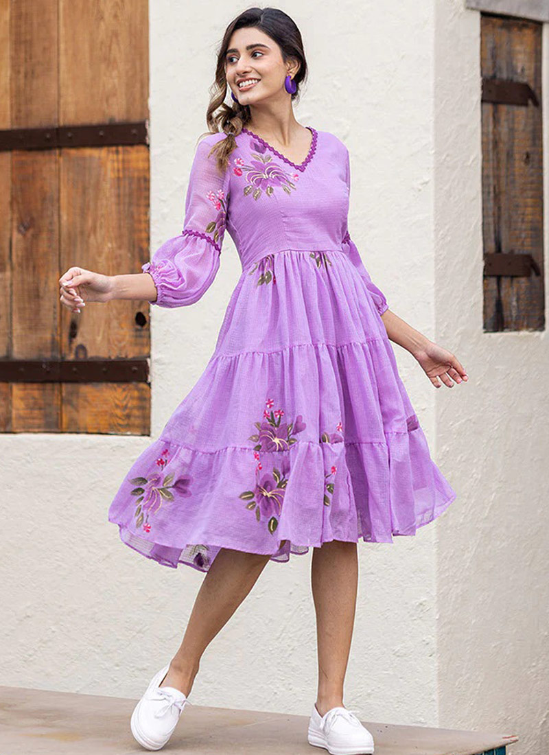 Purple Kota Checks Digital Print Western Wear Dress