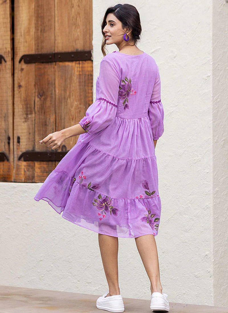 Purple Kota Checks Digital Print Western Wear Dress