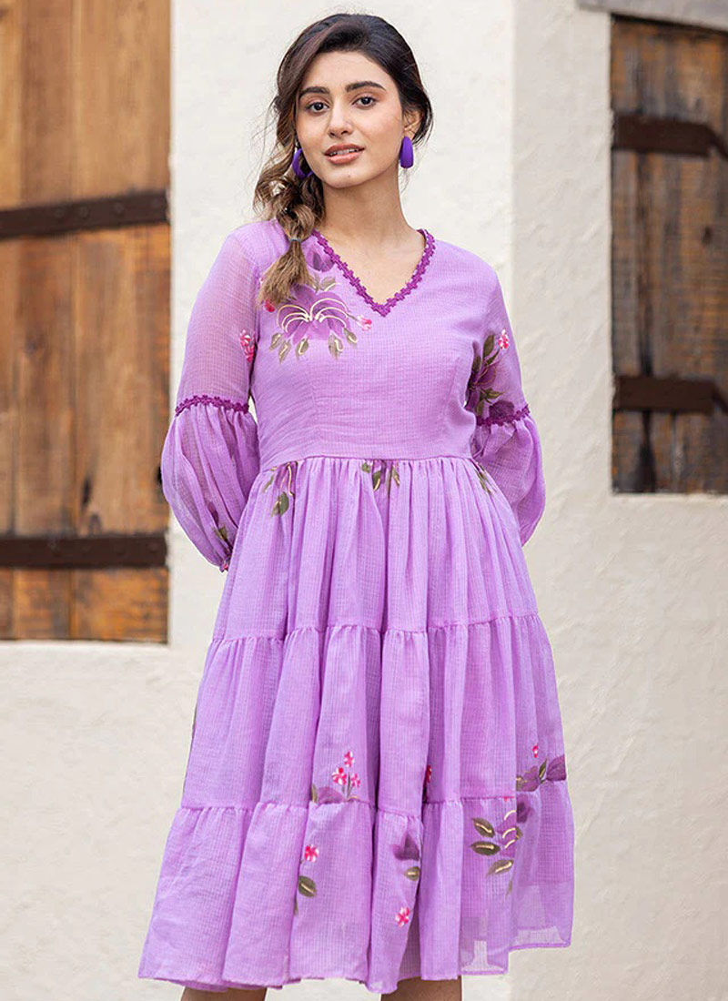 Purple Kota Checks Digital Print Western Wear Dress