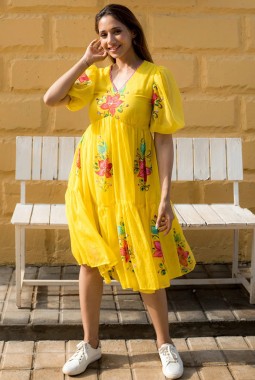 Yellow Kota Checks Digital Print Western Wear Dress