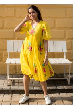 Yellow Kota Checks Digital Print Western Wear Dress