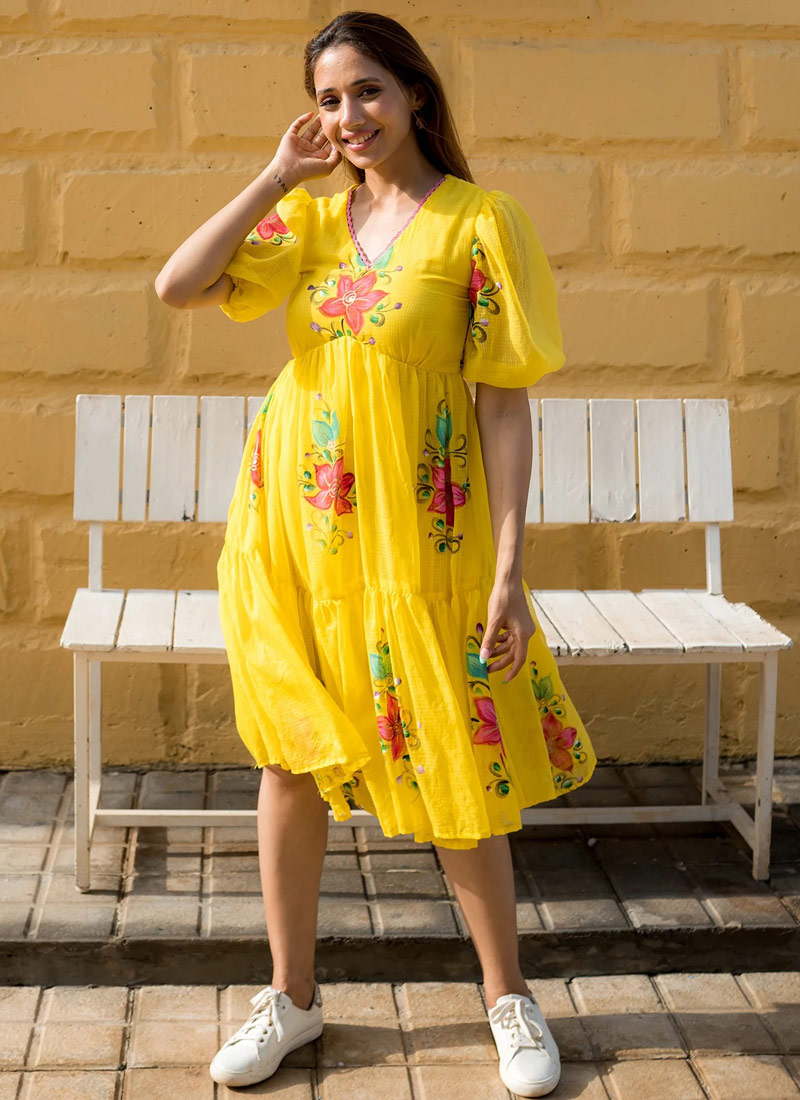 Yellow Kota Checks Digital Print Western Wear Dress