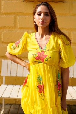 Yellow Kota Checks Digital Print Western Wear Dress