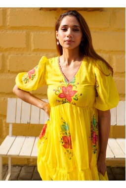 Yellow Kota Checks Digital Print Western Wear Dress