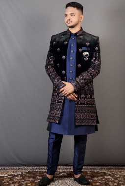 Blue Velvet Embroidered Wedding Indo-Western