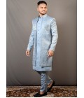 Sky Blue Soft Silk Embroidered Wedding Indo-Western