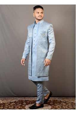 Sky Blue Soft Silk Embroidered Wedding Indo-Western