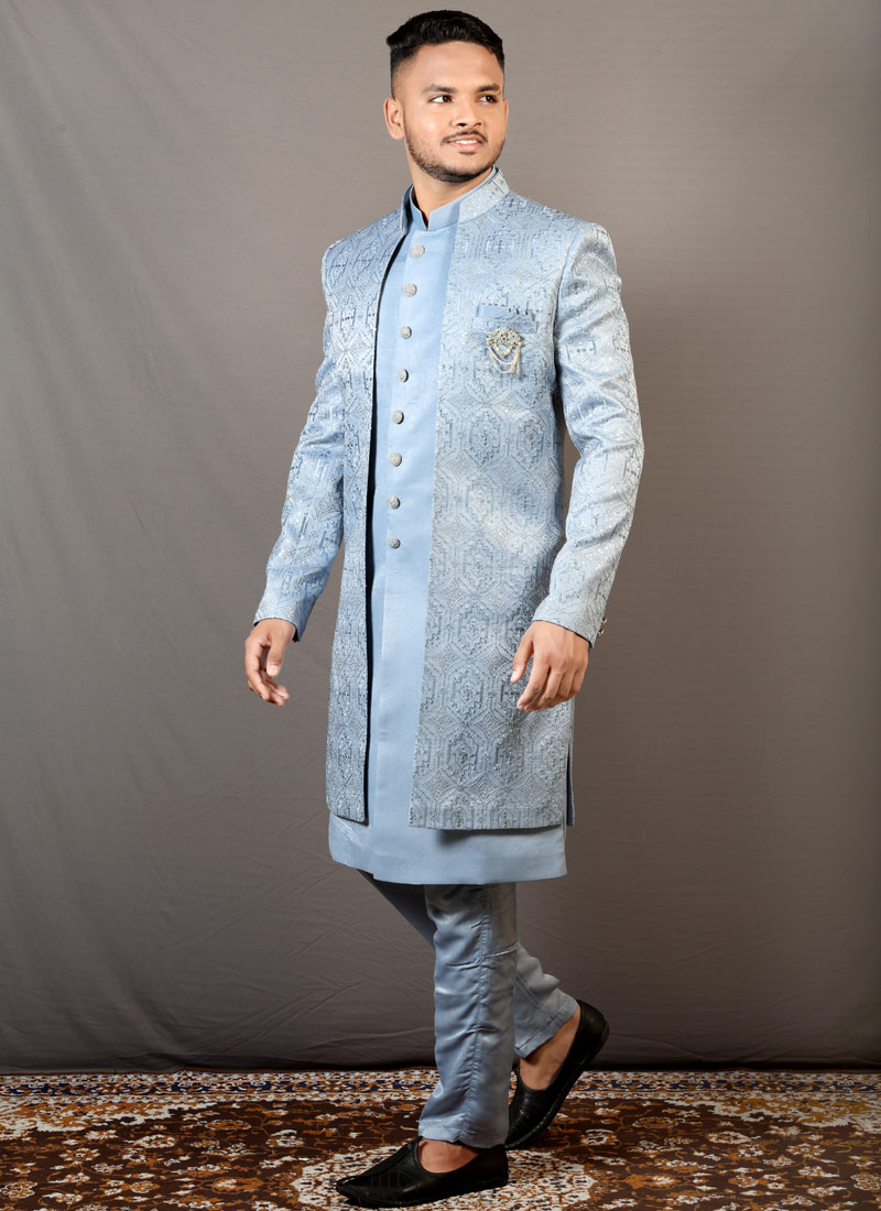 Sky Blue Soft Silk Embroidered Wedding Indo-Western