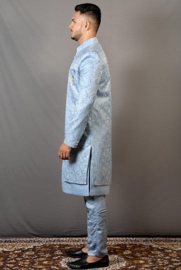 Sky Blue Soft Silk Embroidered Wedding Indo-Western