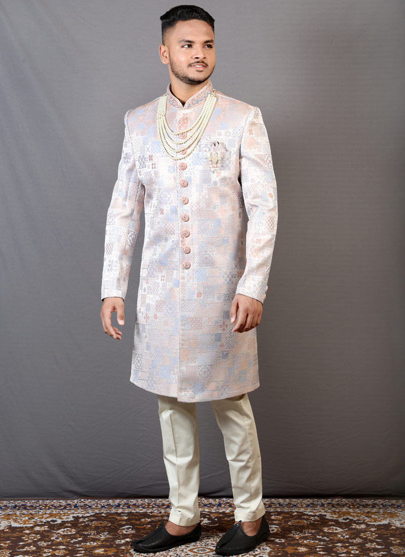 Multi Color Jacquard Wedding Indo-Western For Men