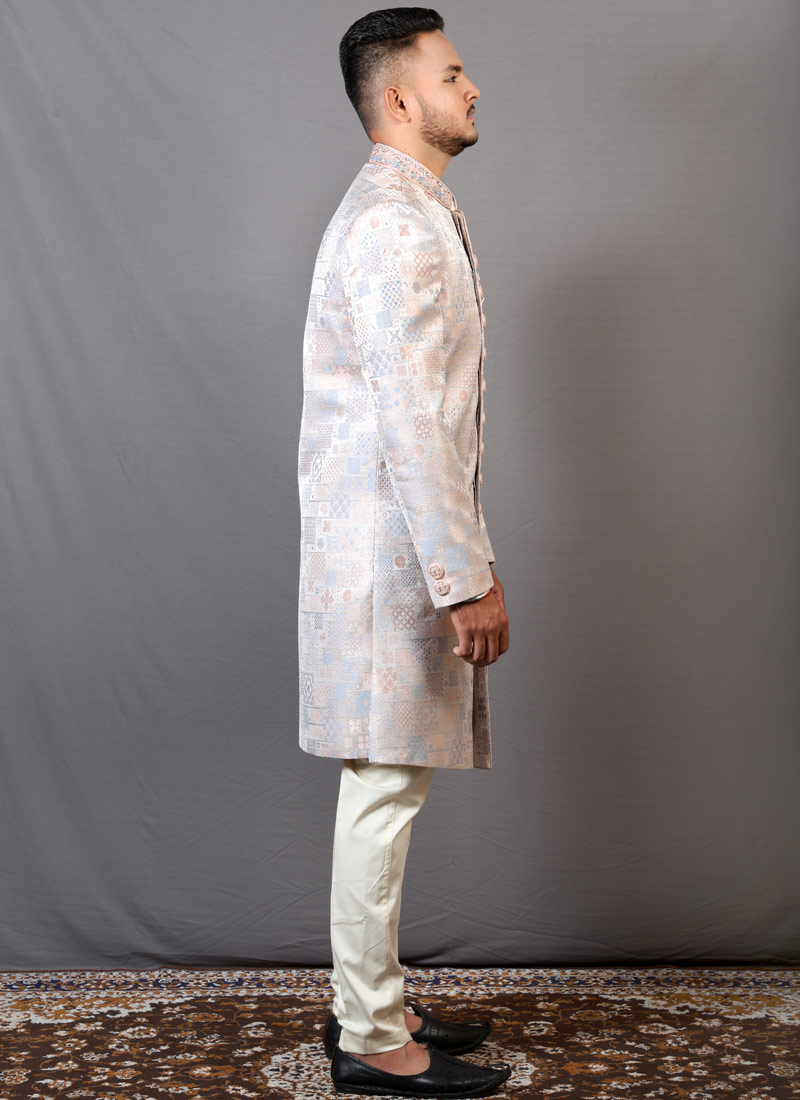 Multi Color Jacquard Wedding Indo-Western For Men