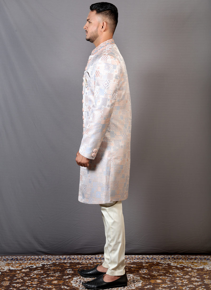 Multi Color Jacquard Wedding Indo-Western For Men