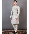 Peach And Teal Jacquard Wedding Indo-Western For Men