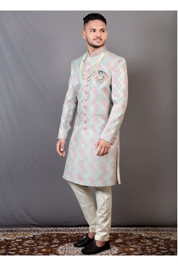 Peach And Teal Jacquard Wedding Indo-Western For Men