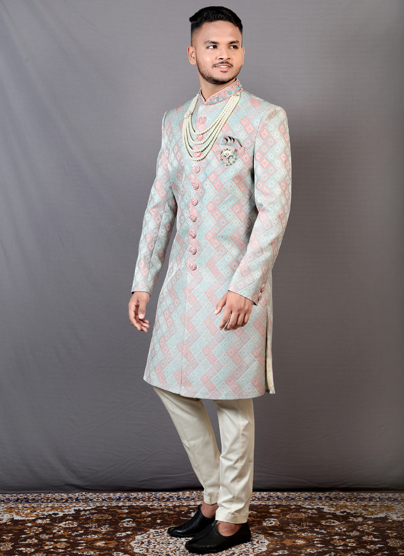 Peach And Teal Jacquard Wedding Indo-Western For Men