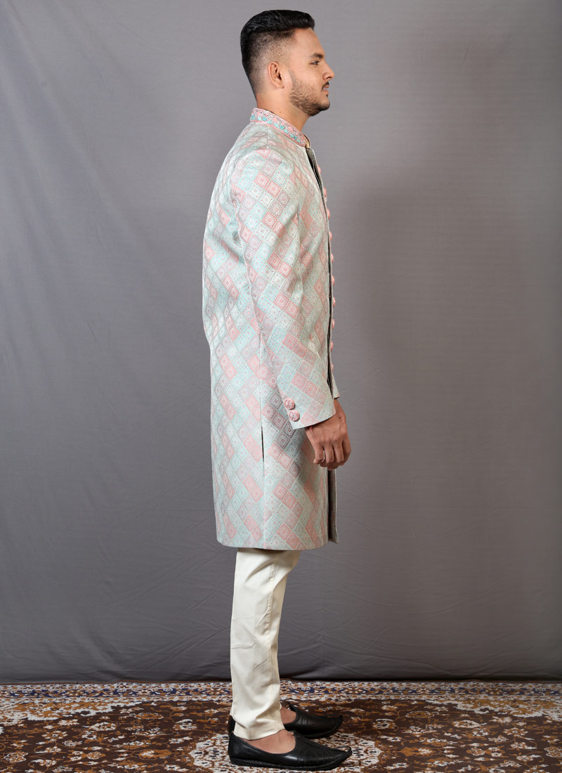 Peach And Teal Jacquard Wedding Indo-Western For Men